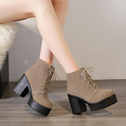 Frosted Suede High Waterproof Platform Classic Retro Short Boots Thick Plush Lining Winter New Lace Up Ankle Boots For Women