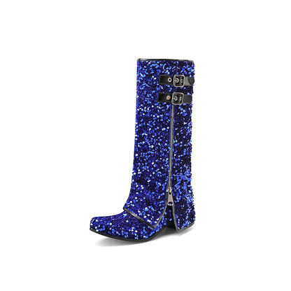 Circle Glitter Flipped Zipper Mid-Calf Boots