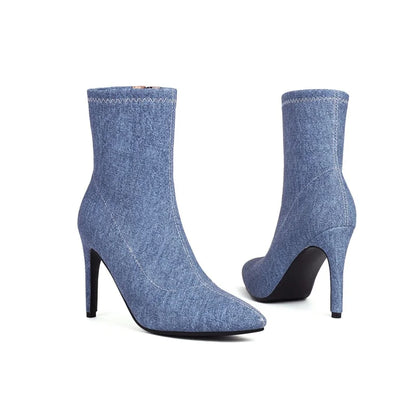 Autumn Sexy Stiletto Denim Ankle Boots Ladies 10cm High Heel Party Dark/light Blue Black Shoes for Women 2023 Plus Size 43 44 45