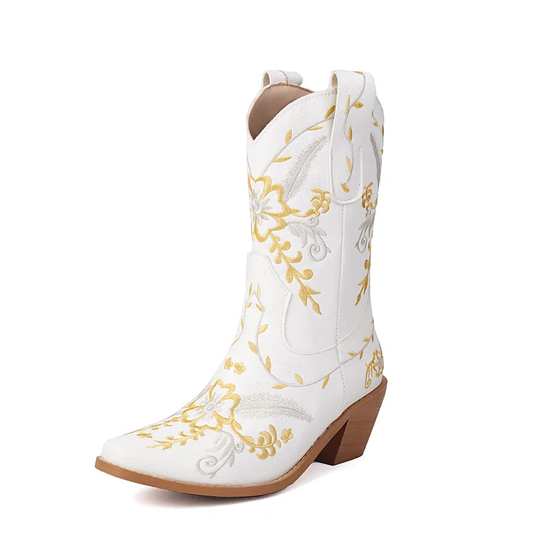 Plus Size Metal Leather Microfiber Upper Embroidered Thick Heel Fashionable New Mid-Calf Boots Breathable Western Boots