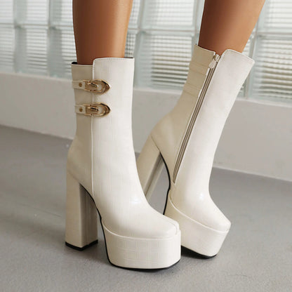 Square Toe Platform Ultra-High Thick Heels Striped Microfiber Mid-Calf Boots Metal Decorative Belt Buckle Zipper Fashion Boots