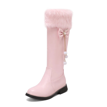 Metal Chain Bow Zipper Lolita Knee Boots For Girls With Heart-Shaped Pearl Decoration Fur Patchwork PU Low Heel Cute Sweet Boots