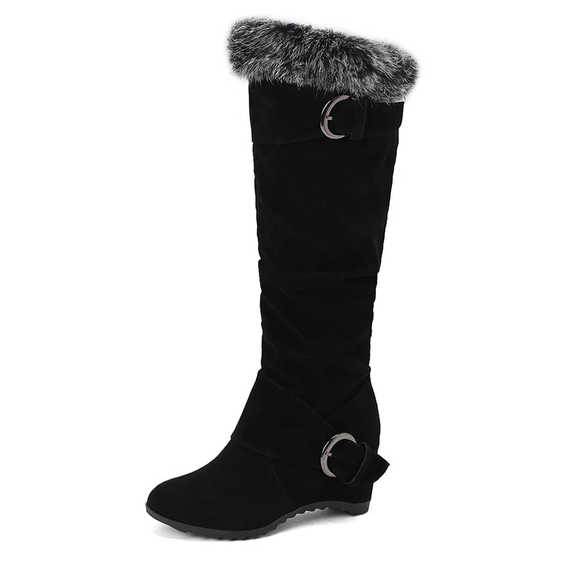 Fur Splicing Frosted Flock Material Double Row Metal Belt Buckle Knee High Boots Round Toe Sloping Heel Flat Bottom Warm Boots