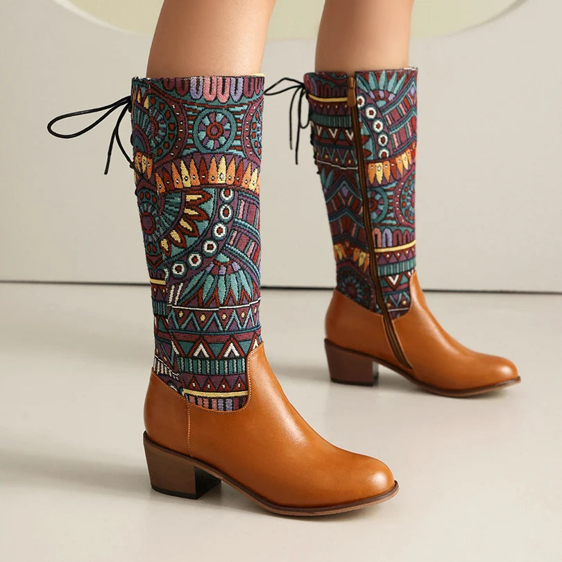 Plus Size Ethnic Style Pattern Printed Fabric Splicing PU Long Boots Cross Tie Straps Zippers Wood Grain Thick Heel Knee Boots