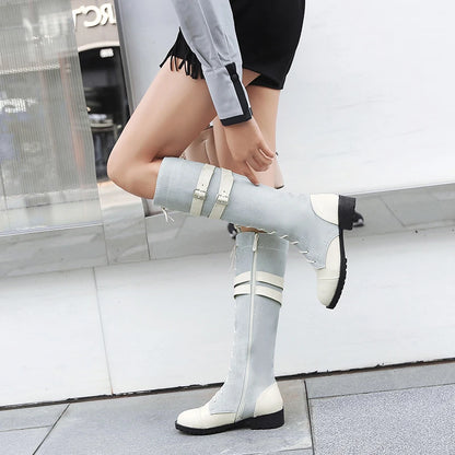 Plus Size Denim Stitched PU Women's Low Heel Knee Boots Cross Lace Calf Double Breasted Buckle Side Zip Plush Lining Women's Boo