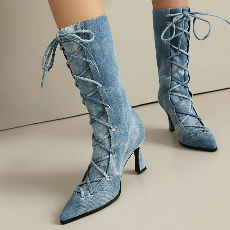 Light Blue Denim Jeans Gothic Shoes for Women Lace-up Cross-tied Pointed Toe Spike High Heels Cowboy Lady Mid-calf Boots Size 48