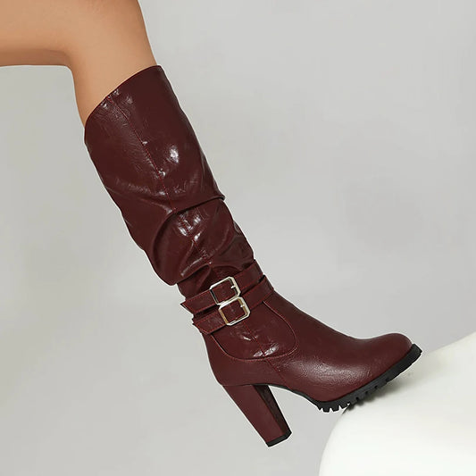 Plus Size Double Row Metal Belt Buckle Round Head Ultra-High Thick Heel Side Zipper Knee High Boots Platform Fashion Long Boots