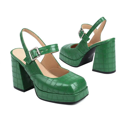 Crocodile PU Skin Nude Green Color Closed Toe Summer Lolilta Mary Janes Lovely Girls Chunky Thick High Heels Platform Sandals