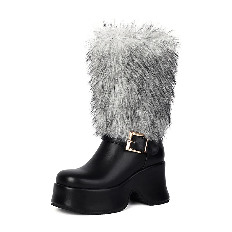 Fur Splicing PU Thick Soled Sponge Cake Heel Ankle Metal Belt Buckle Thick Plush Mid-calf Boots Height Increasing Snow Boots