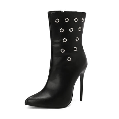 Plus Size Circular Aluminum Hole Pointed Toe Ultra-High Slim Heel Sexy Women's Mid-Calf Boots Side Zipper Hollow Breathable Boot