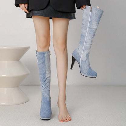 Ultra High Tapered Fine Heel Printed Denim Material Side Zipper Knee Boots Platform Microfiber Lining Autumn New Women's Boots