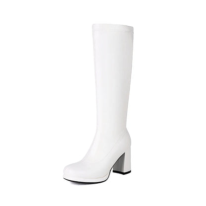 Plus Size Round Toe Platform Ultra-High Thick Heel Sewing Slip-On Women's Knee High Boots Concise Style Knight Boots