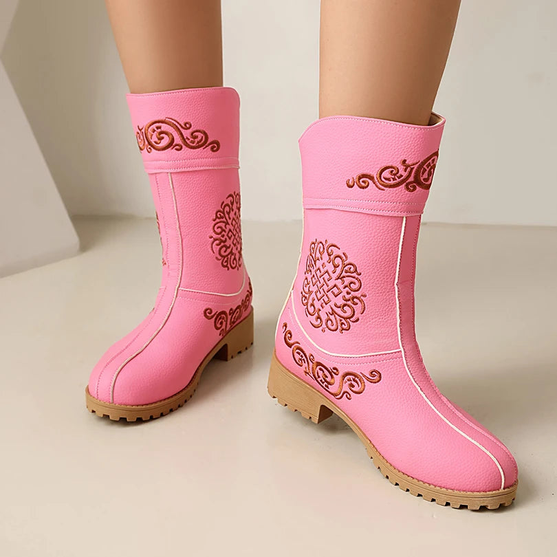 Ethnic Style Embroidery Floral Wood Grain Thick Heel Breathable Inner Short Boots Slip-On Minimalist Style Women's Boots