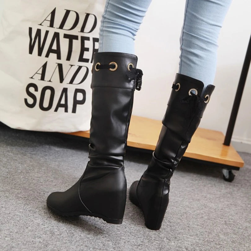 PU Material Slope Heel Boots With Lace Up Women's Knee High Boots Flat Bottom Wedges Elevated Office Boots 2024 Winter New