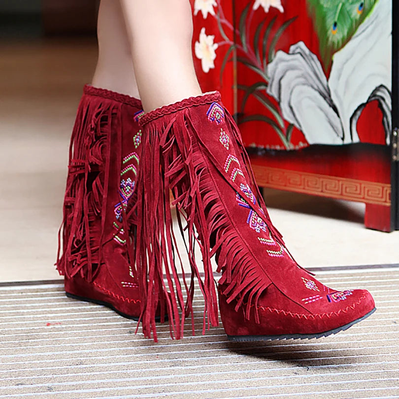 Plus Size Tassel Flock Embroidery Pattern Ethnic Style Women's Mid-Calf Boots Flat Bottom And Raised Plush Inner Lining Boots