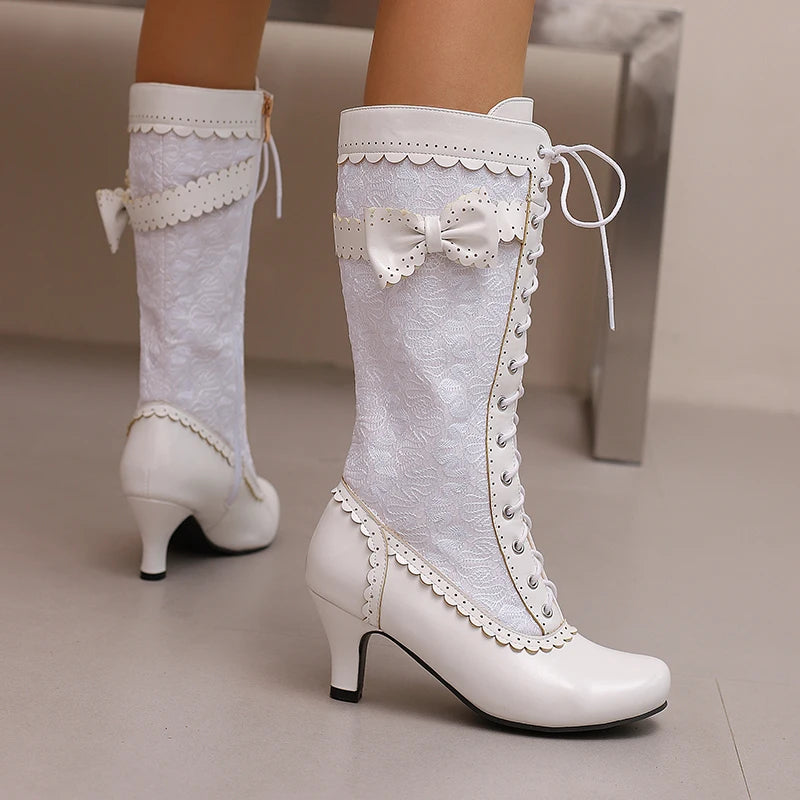 Plus Size Ruffled Lace Patchwork PU Cat Heel Mid Length Boots With Cross Tie Bow And Side Zipper New Women's Mid-Calf Boots