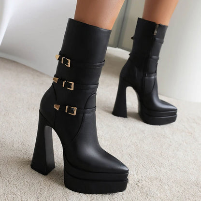 Three-Row Metal Belt Buckle Ultra-High Profiled Hollow Heel Catwalk Women's Boots Pointed Toe Three-Layer Platform Mid-Boots