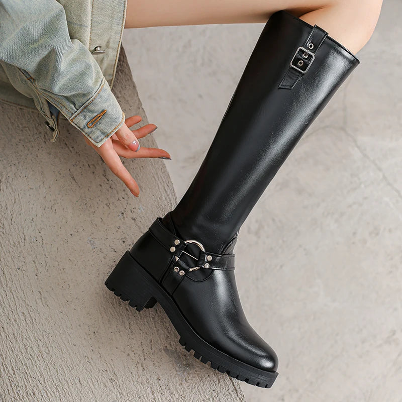 Non Slip Rubber Thick Heel Side Zipper Metal Belt Buckle Rivet Knight Boots Breathable Microfiber Lining Women's Knee High Boots