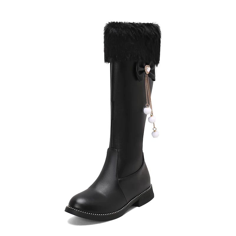 Metal Chain Bow Zipper Lolita Knee Boots For Girls With Heart-Shaped Pearl Decoration Fur Patchwork PU Low Heel Cute Sweet Boots