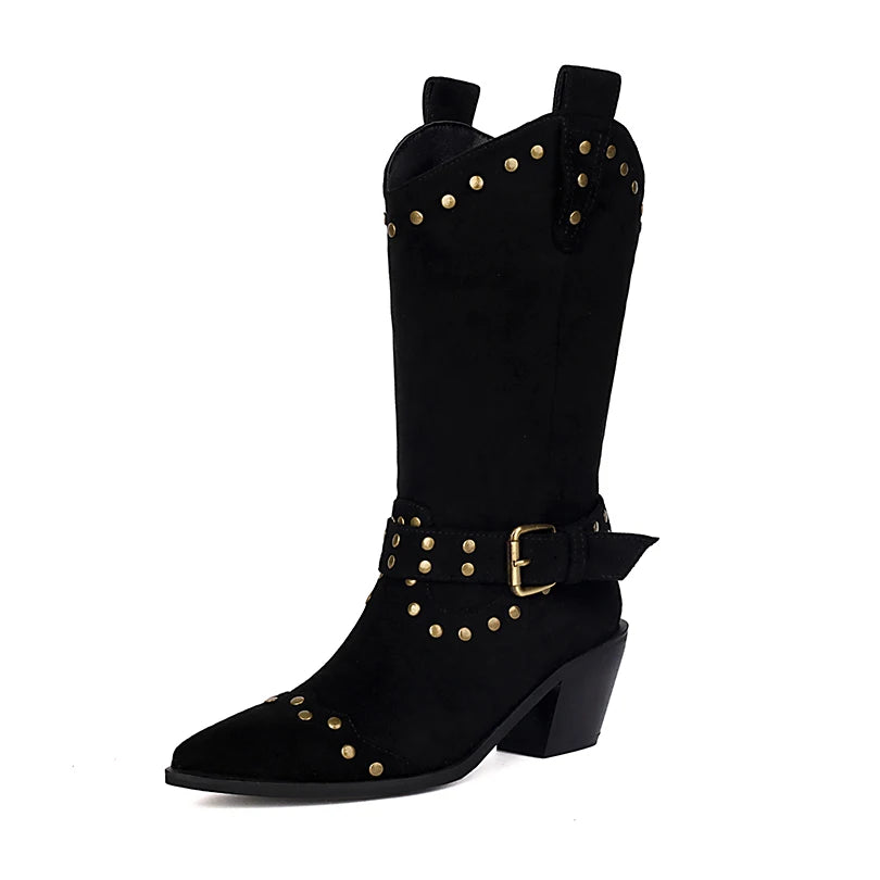 Plus Size Rivet Frosted Velvet Western Boots Pointed Cone Thick Heel Ankle Metal Belt Buckle Slip On Mid-Calf Boots Knight Boots