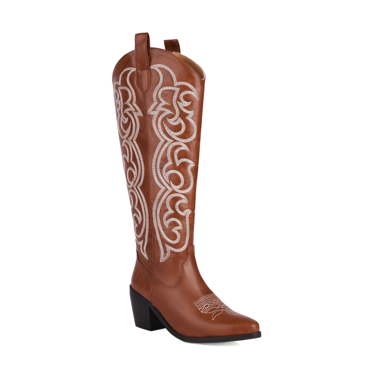 2024 Embroidered Stripe Pointed Thick Heel Breathable Inner Western Boot Upper Embroidered Slip-On Autumn Knee Length Boots