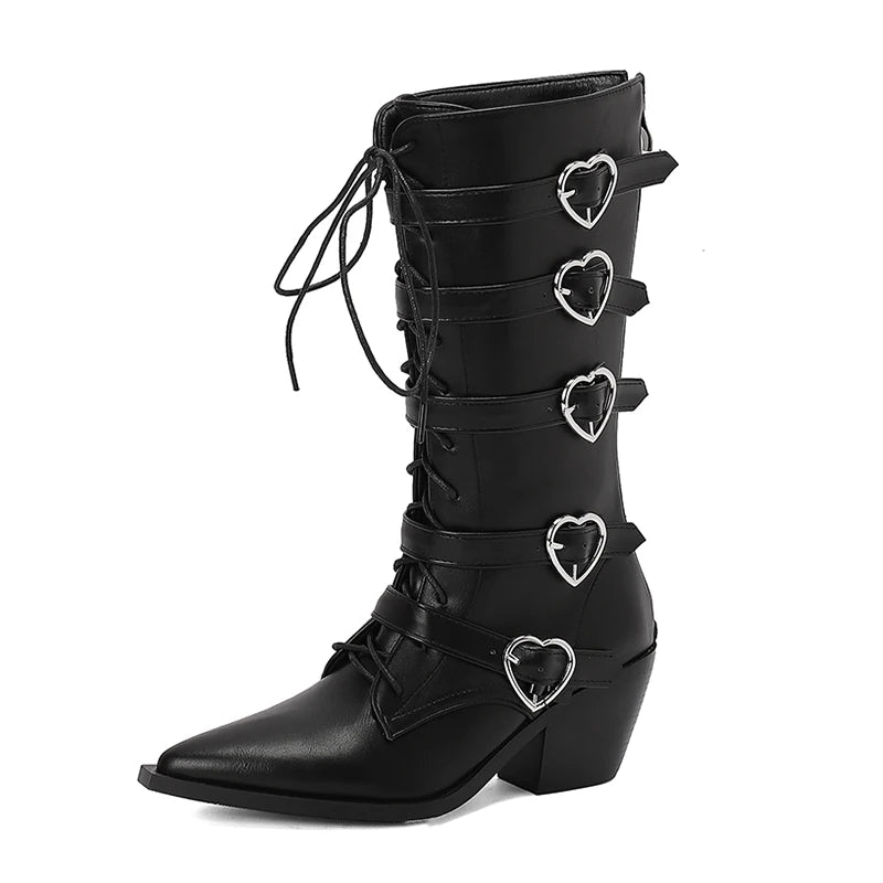 Plus Size Five Row Heart-Shaped Metal Belt Buckle Pointed Cone Wood Grain Thick Heel Cross Tie Zipper Punk Style Mid-calf Boots