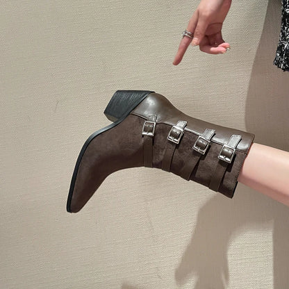 Plus Size Matte Suede Upper Pointed Cone Shaped Thick Heel Plush Inner Lining Four Rows Of Belt Buckles Retro Mid-Calf Boots