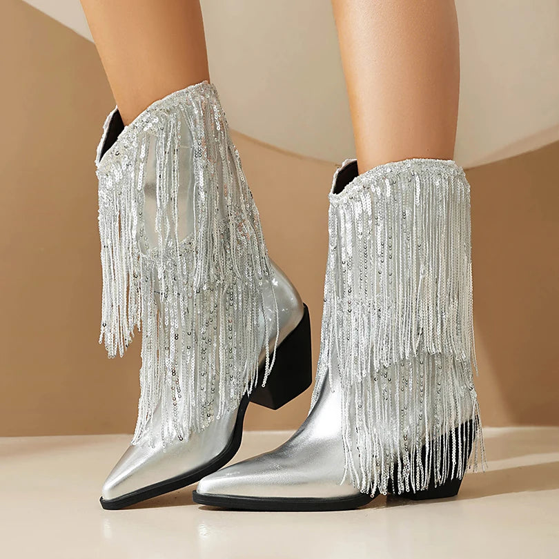 Sharp Pointed Thick Heel Super Fiber PU Shiny Tassel Autumn Women's Boots Slip On Bling Bling Thin Stripe Tassel Mid-Calf Boots