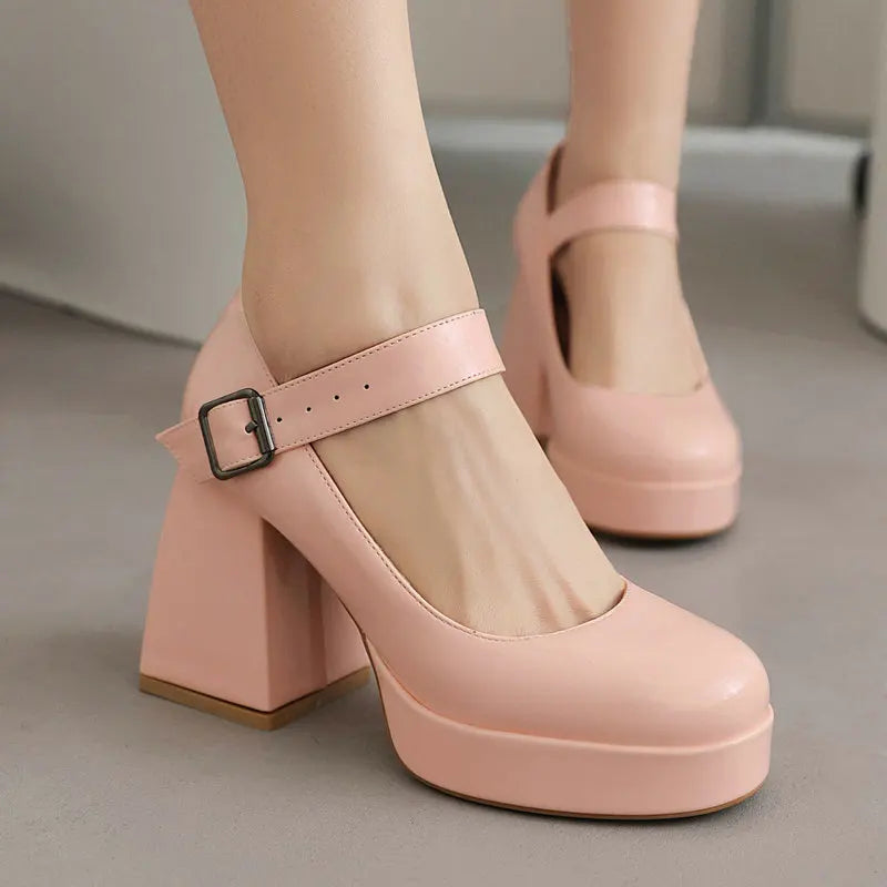 Patent Black Pink Round Toe Women Pumps Buckle Belt Mature Lolita Chunky High Heels Big Size 44 45 46 Platform Mary Janes Shoes