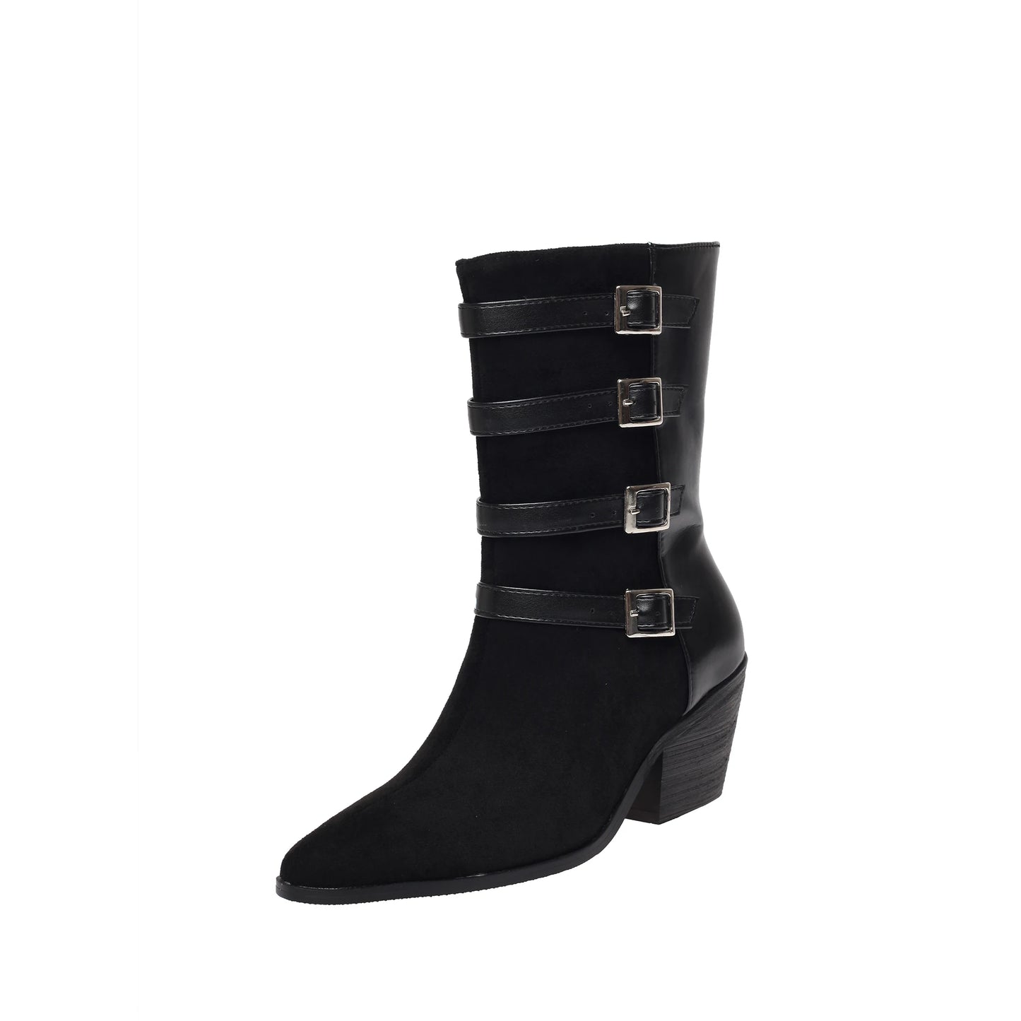 Plus Size Matte Suede Upper Pointed Cone Shaped Thick Heel Plush Inner Lining Four Rows Of Belt Buckles Retro Mid-Calf Boots