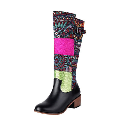 Plus Size Ethnic Style Printed Fabric Patchwork PU Women's Knee High Boots With Color Blocked Geometric Patterns Breathable Boot