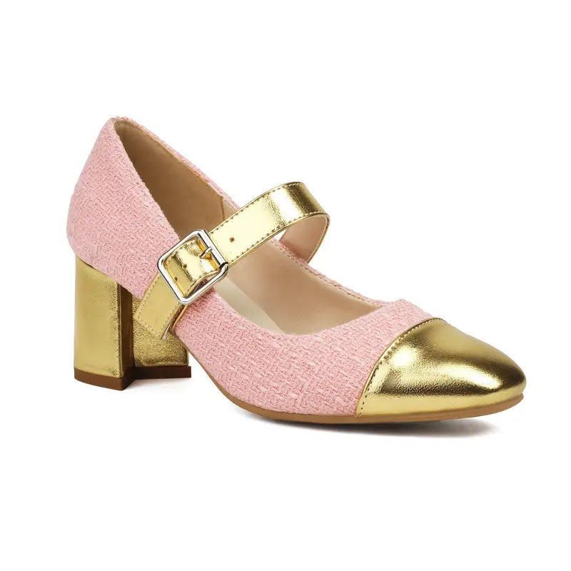 Plus Size 34-48 Gold White Mix Color Patchwork Buckle Belt Luxury Women Pumps Square Chunky High Heeled Shoes Heels Mary Janes