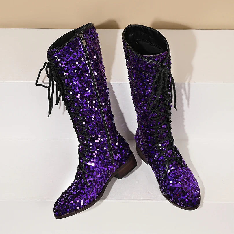 Circle Sparkling Sequin Material Novelty Women's Knee Length Boots Cross Lace Side Zipper Shiny Color Changing Unique Boots