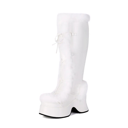 High Platform Fur Splicing Microfiber Cross Tie Thick Plush Lining Warmth Snow Boots Back Zipper Height Increasing Knee Boots