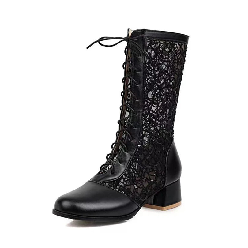 Weave Hollow Lace Patchwork Pu Cross Tie Summer Breathable Mid Length Boots With Round Toe Thick Heels Summer Cool Boots