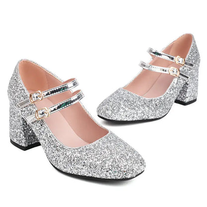 Sequin Gold Silver Glitter Women Square Chunky High Heeled Shoes Bling Party Wedding Woman Pumps Big Size 33-48 Mary Janes Heels