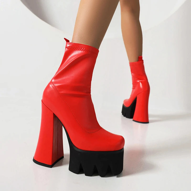 High Platform Hollow Heel Fashion Short Boots Elastic PU Super High Thick Heel Plush Inner Lining Nightclub Trend Women's Boots