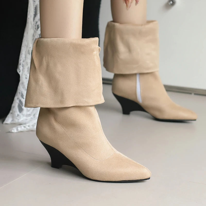 Plus Size Denim Material Pointed Flat Bottomed Sloping Heel Plush Lining Knee Boots Side Zipper Floor Slip On Elastic Boots