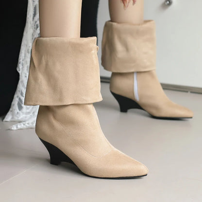 Plus Size Denim Material Pointed Flat Bottomed Sloping Heel Plush Lining Knee Boots Side Zipper Floor Slip On Elastic Boots