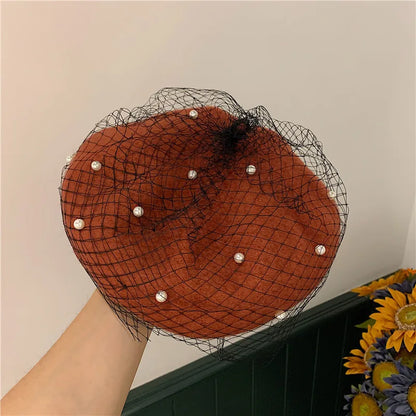 Beret hat women pearl net yarn painter hat