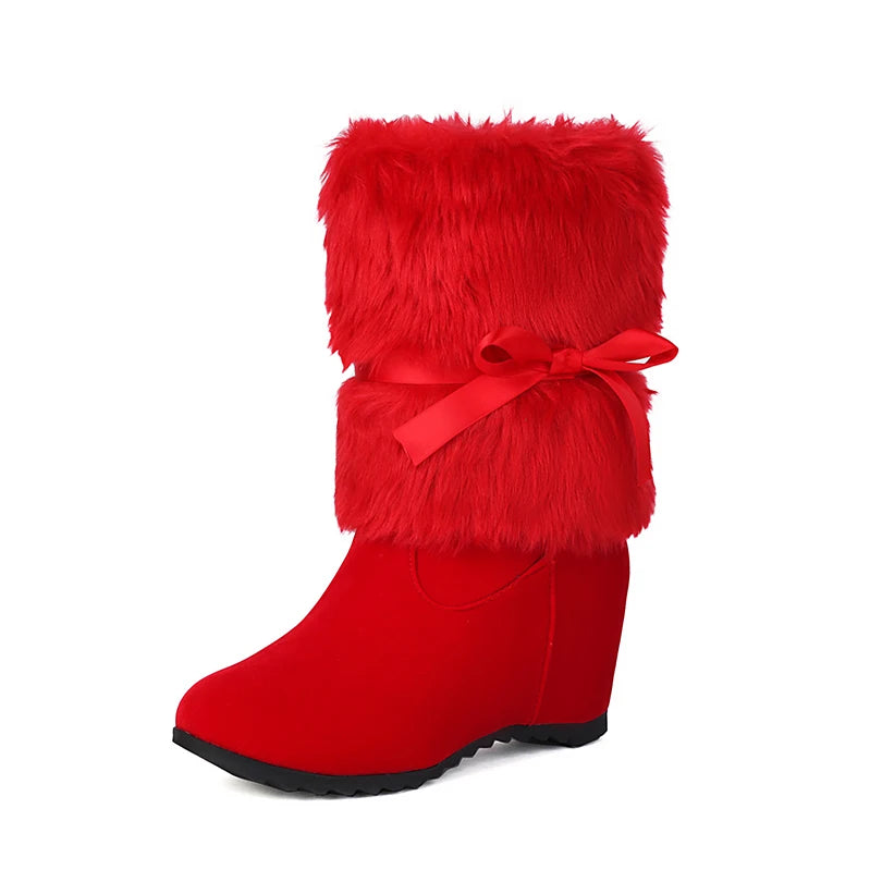 Fur Splicing Frosted Velvet Fine Belt Bow Flat Bottom Slope Heel Thick Plush Lining Mid-calf Boots Height Increasing Inside Boot