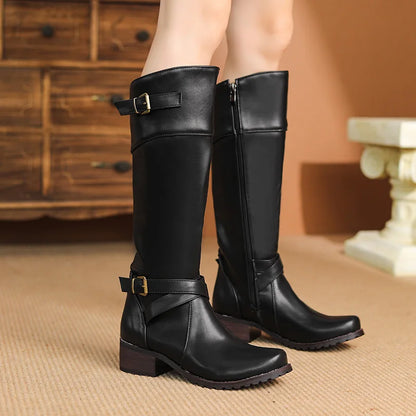 2024 Plus Size Military Green PU Cross Buckle Side Zipper Women's Knee Length Boots With Short Plush Lining Classic Retro Boots