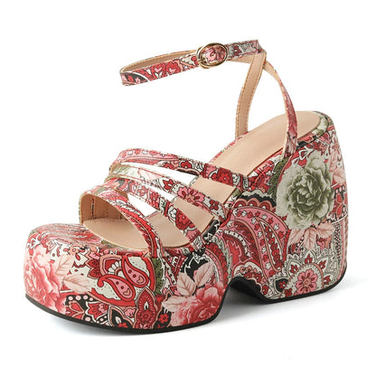 Paisley Flower Print Bohemian Ethnic Women Summer Shoes Designer Open Toe Platform Wedges High Heels Casual Sandals For Woman