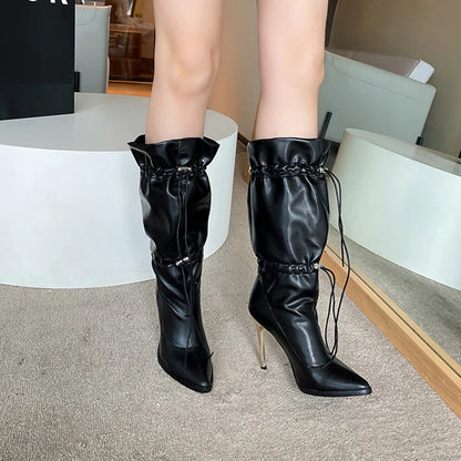 2024 Plus Size Super High Metal Stiletto Pointed Toe Sexy Fashion Women's Boots Mesh Stitching PU Ankle Tie Nightclub Knee Boots