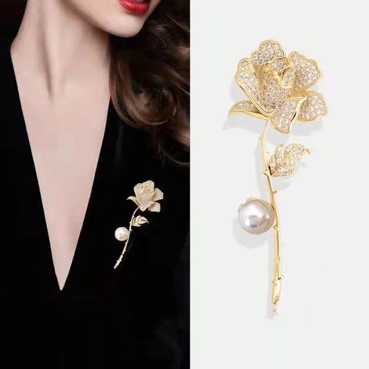 Brooch Rhinestone Tulip Flower Brooch Anti-glare Suit Brooch Collar Pin Jewelry  All Match Simulated Pearl Jewelry Fine Gift