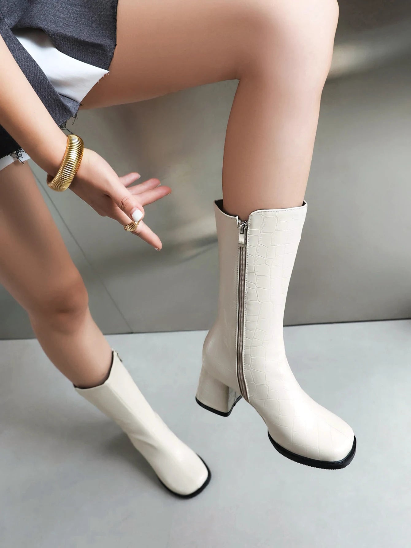 Stone Stripe Square Flat Toe Side Zipper Mid Boot Short Plush Inner Heel Concise Style Street Women's Mid-Calf Boots 2023