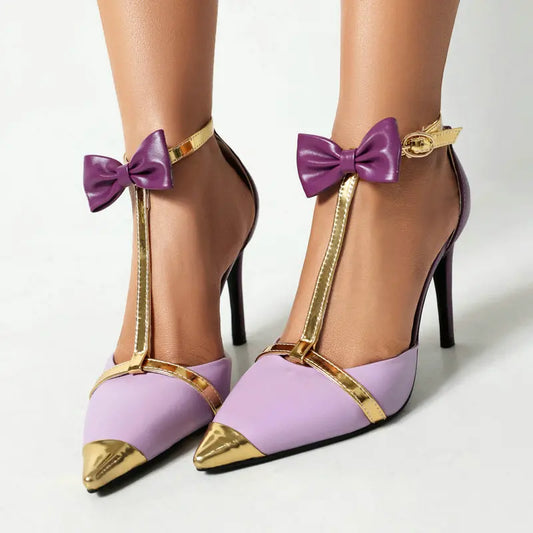 Purple Gold Mixed Color Sexy Party Bridal Shoes With Butterfly-knot Sweet Lady Super Thin High Heels Stiletto Sandals Size 47 48