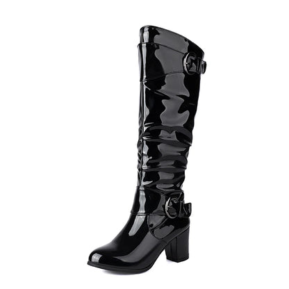 Round Toe Thick Heel Lacquered Leather Upper Side Zipper Knee High Boots Double Row Circular Metal Belt Buckle Breathable Boots