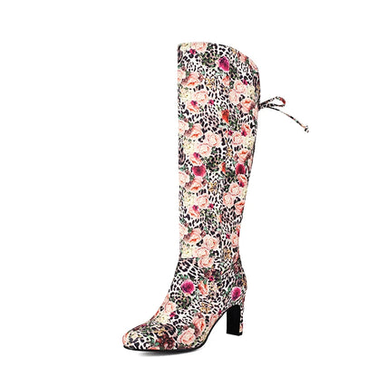 PU Splicing Printed Fabric Round Toe Irregular Square Heel Color Blocked Bow High Tube Fabric Lining Warm Knee High Boots