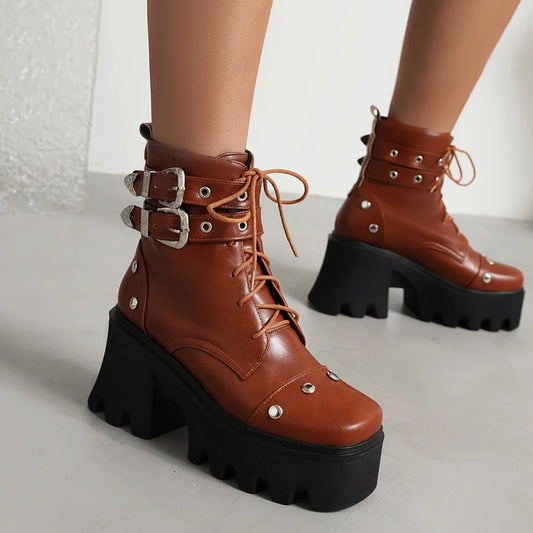 Double Row Metal Belt Buckle High Waterproof Platform Rivet High Shoes Super High Thick Heel Lace Up Women's Ankle Boots